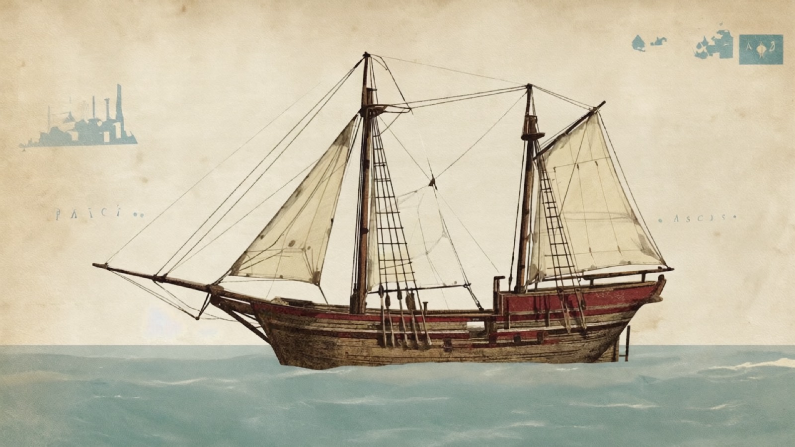 Historische Seekarte des Pazifiks mit einer geschwungenen Route von Polynesien nach Europa, symbolisch für die Wanderung des Wortes Tabu
