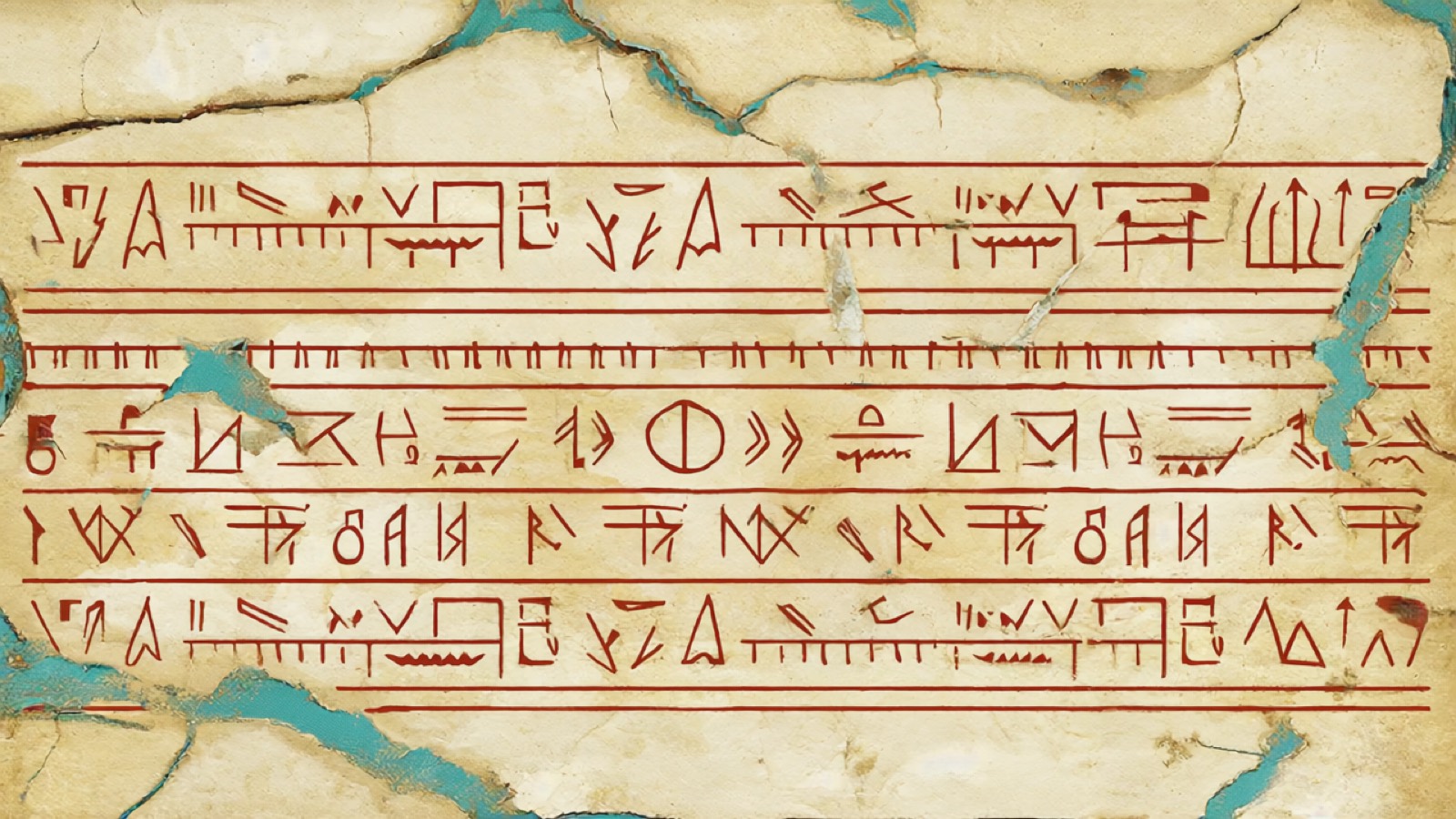 Nebeneinander gestellte phönizische, griechische und lateinische Buchstabenformen auf hellem Grund, die die Entwicklung des Alphabets zeigen