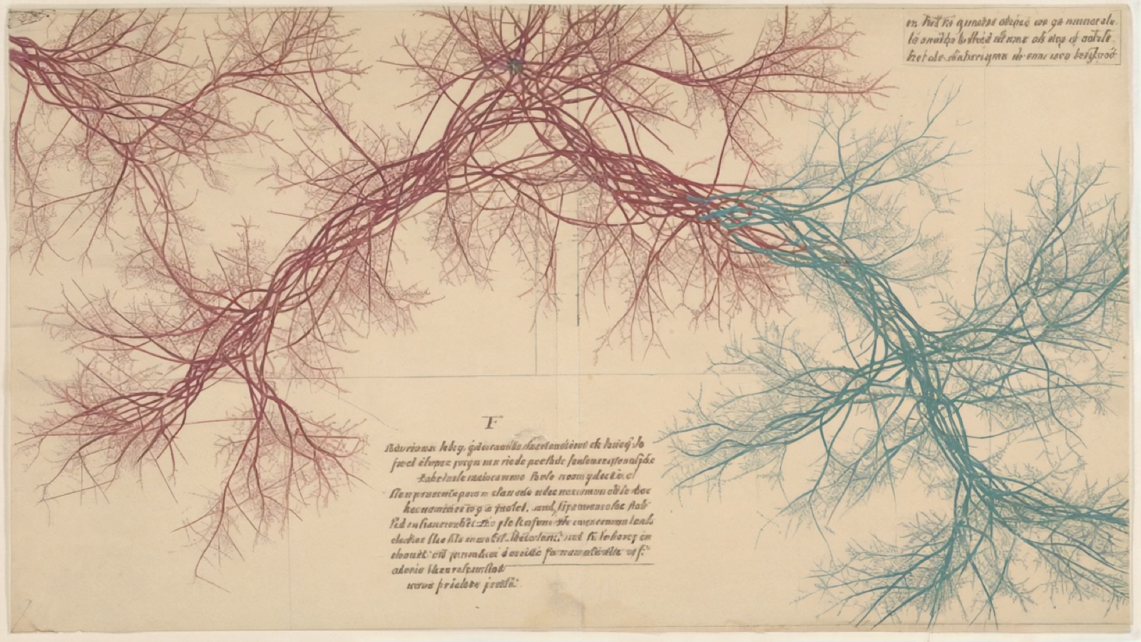 Verschachtelte Klammern und Baumdiagramme eines Satzes auf einer Tafel, die die hierarchische Struktur menschlicher Grammatik veranschaulichen